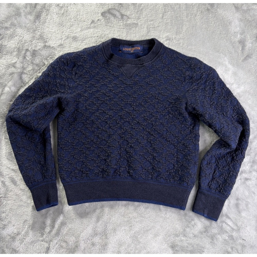 Rare Textured Louis Vuitton Cashmere & Silk Navy Blue Pullover Sweater Size S